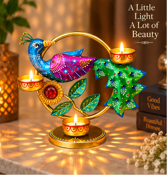 Handcrafted Peacock Tea Light Candle Holder – 9 Inch | Hand-Painted Metal Décor