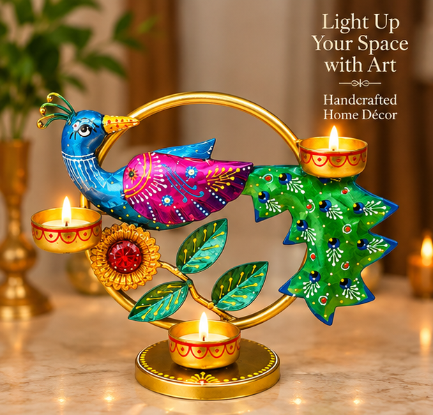 Handcrafted Peacock Tea Light Candle Holder – 9 Inch | Hand-Painted Metal Décor