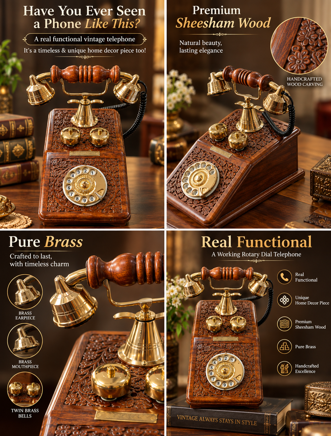 Real Functional Handcrafted Sheesham Wooden Vintage Rotary Dial Telephone with Brass Work (USE AS A UNIQUE DECOR PIECE )