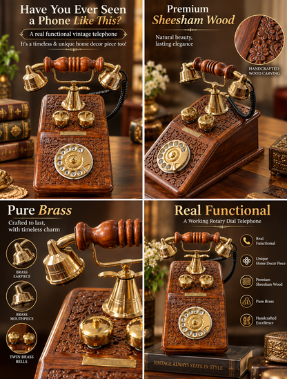 Real Functional Handcrafted Sheesham Wooden Vintage Rotary Dial Telephone with Brass Work (USE AS A UNIQUE DECOR PIECE )