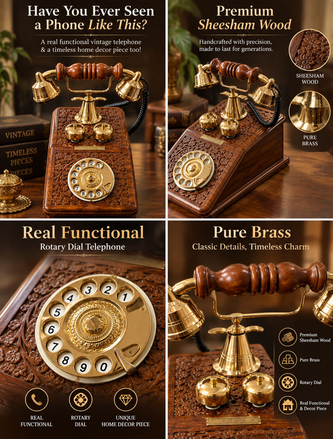 Real Functional Handcrafted Sheesham Wooden Vintage Rotary Dial Telephone with Brass Work (USE AS A UNIQUE DECOR PIECE )