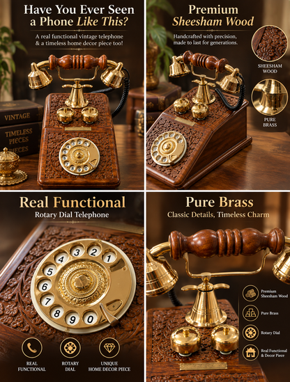 Real Functional Handcrafted Sheesham Wooden Vintage Rotary Dial Telephone with Brass Work (USE AS A UNIQUE DECOR PIECE )
