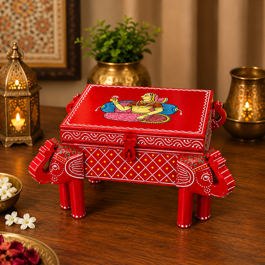 Trendytix Handcrafted & Hand-Painted Wooden Elephant Chowki with Storage Box – Traditional Rajasthani Art