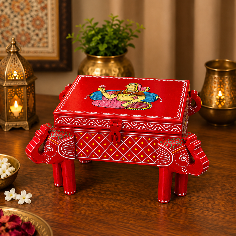Trendytix Handcrafted & Hand-Painted Wooden Elephant Chowki with Storage Box – Traditional Rajasthani Art