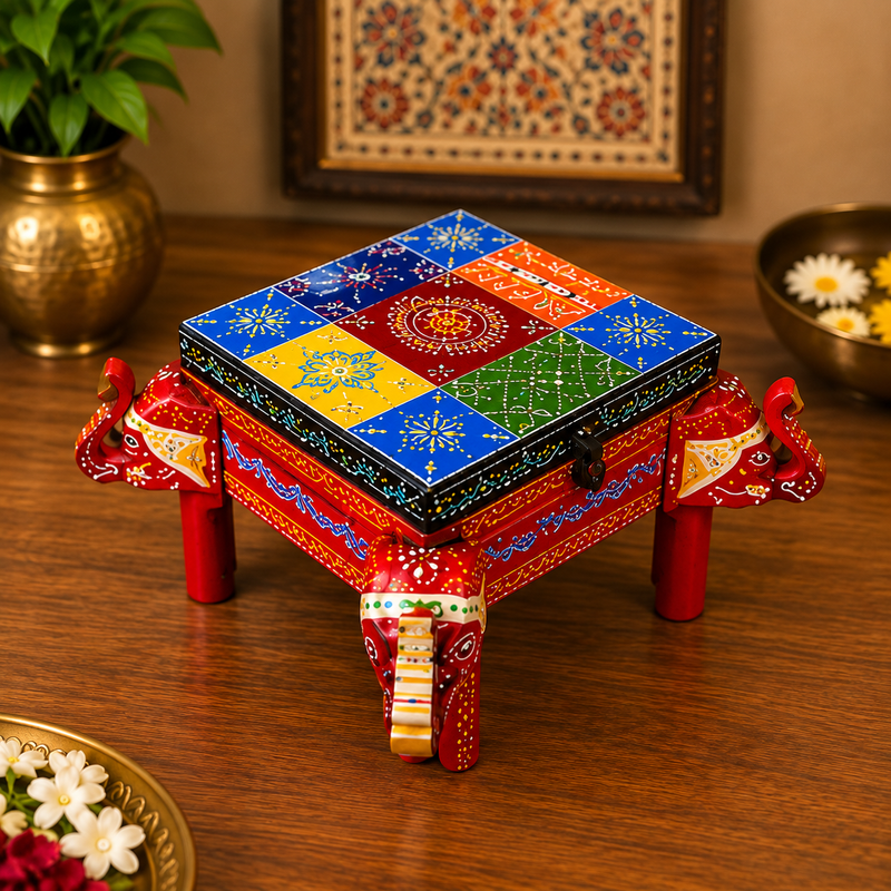 Handcrafted & Hand Painted Wooden Elephant Chowki with Multistorage Box– 11 Inch