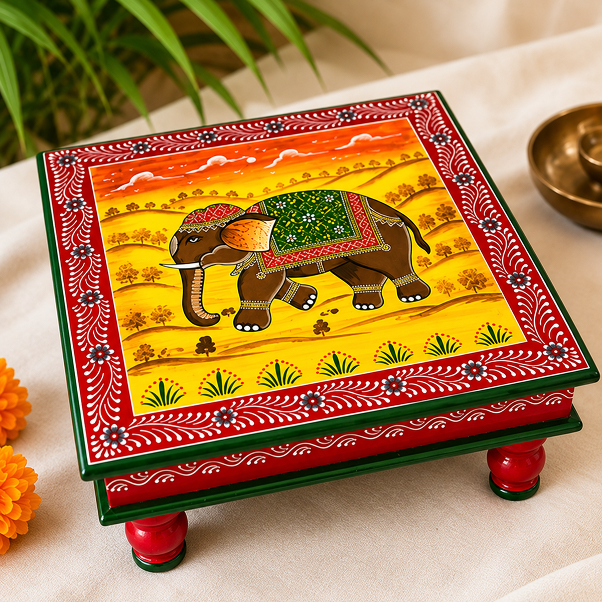 Handcrafted & Hand Painted Wooden Royal Elephant Hand-Painted Chowki