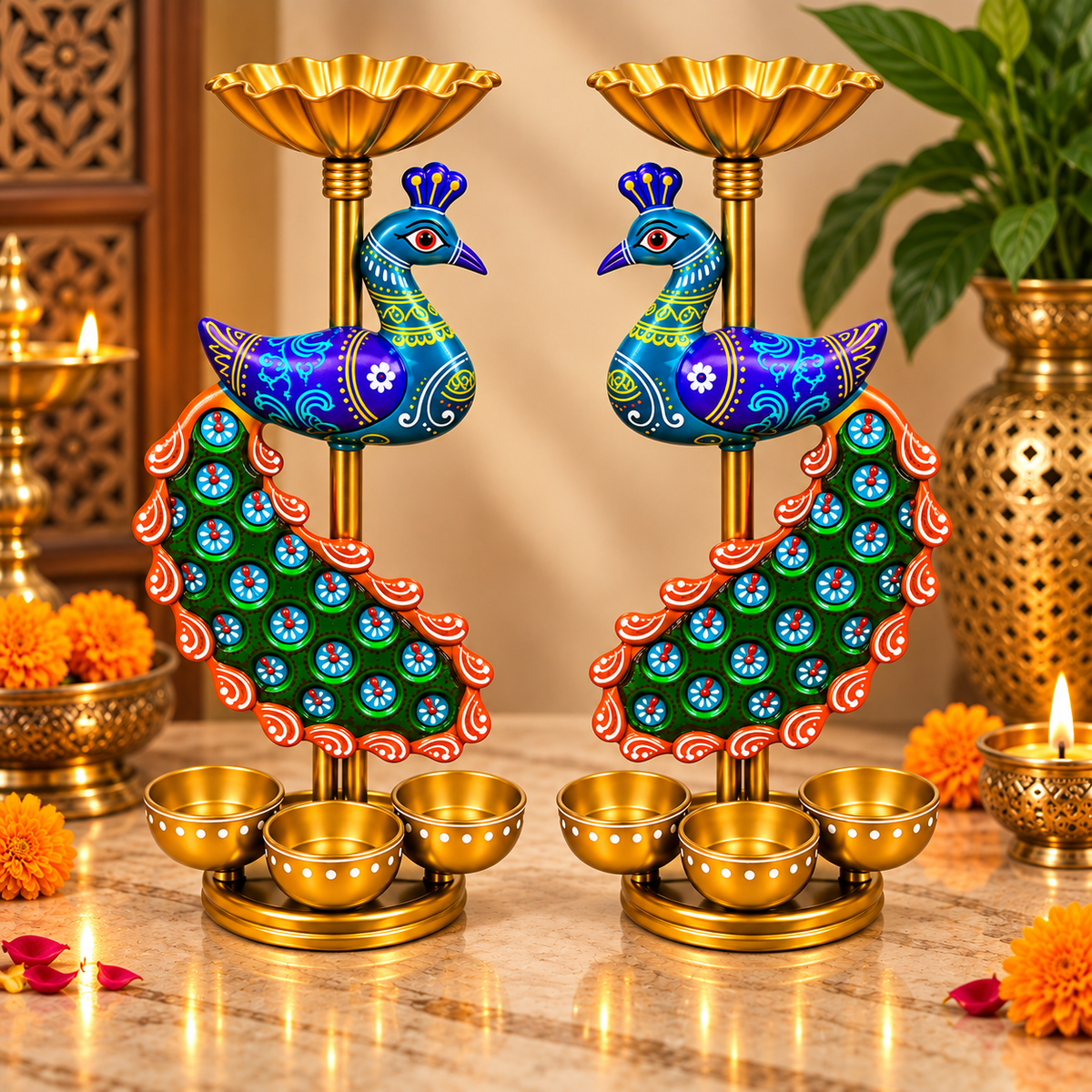 Handcrafted Peacock Diya Stand Set of 2 | Handpainted Decor