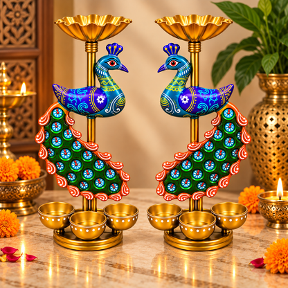 Handcrafted Peacock Diya Stand Set of 2 | Handpainted Decor