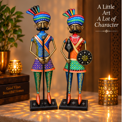 Handcrafted Rajasthani Warrior Statue Set of 2 – 31 Inch | Traditional Metal Decor