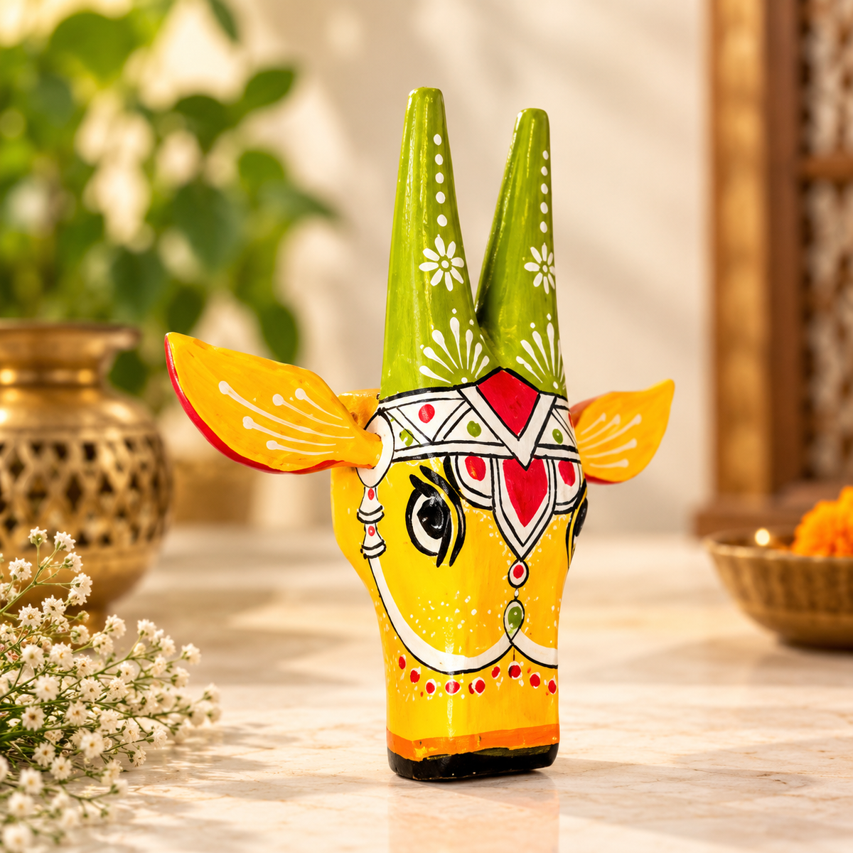 Handcrafted & Hand Painted Blue Traditional Wooden Cow Face - yellow