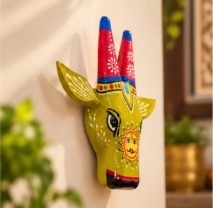 Handcrafted & Hand Painted Green Traditional Wooden Cow Face - 6 inch