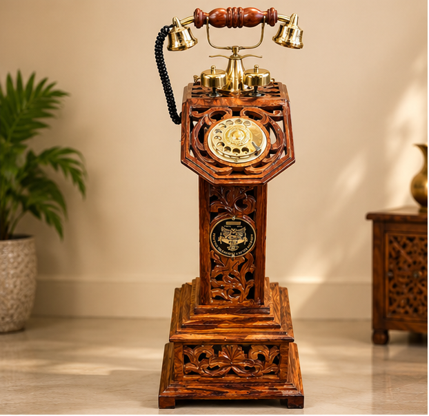 Handcrafted Sheesham Wood Vintage Rotary Telephone with Stand & Pure Brass Detailing