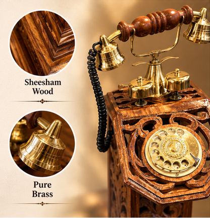 Handcrafted Sheesham Wood Vintage Rotary Telephone with Stand & Pure Brass Detailing
