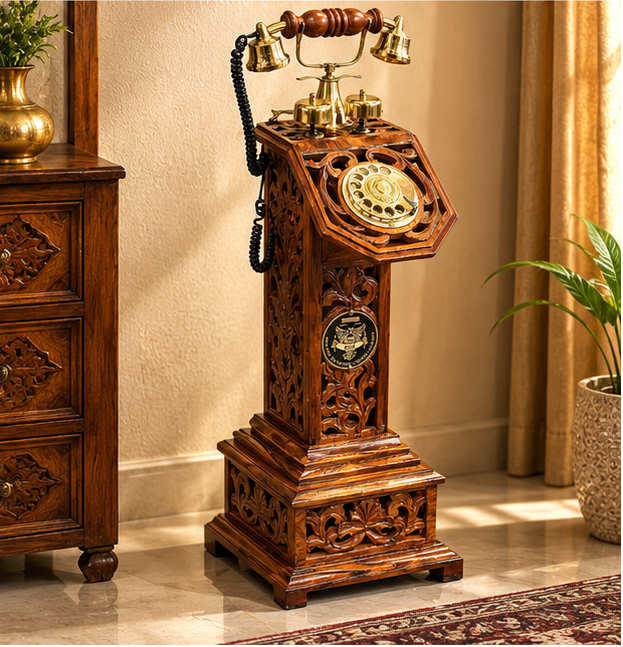 Handcrafted Sheesham Wood Vintage Rotary Telephone with Stand & Pure Brass Detailing