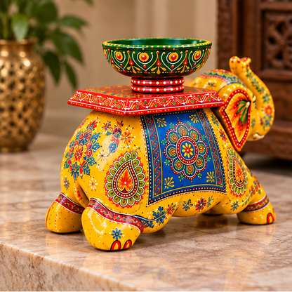 Handcrafted Hand-Painted Elephant Chowki with Decorative Bowl – Yellow Full Set