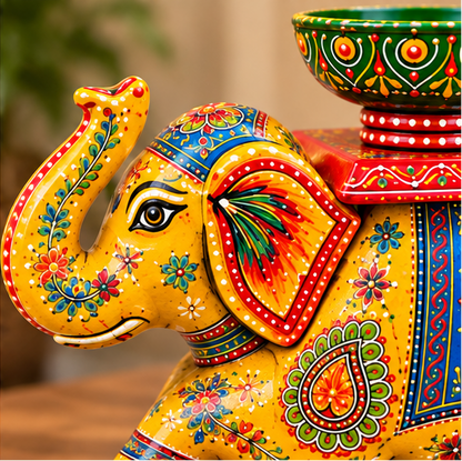 Handcrafted Hand-Painted Elephant Chowki with Decorative Bowl – Yellow Full Set