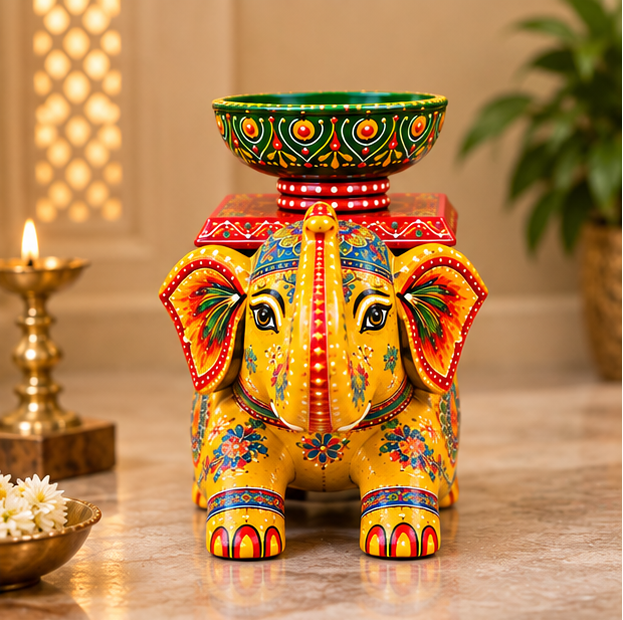 Handcrafted Hand-Painted Elephant Chowki with Decorative Bowl – Yellow Full Set
