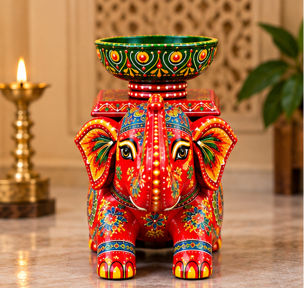 Handcrafted Hand-Painted Elephant Chowki with Decorative Bowl – Red Full Set