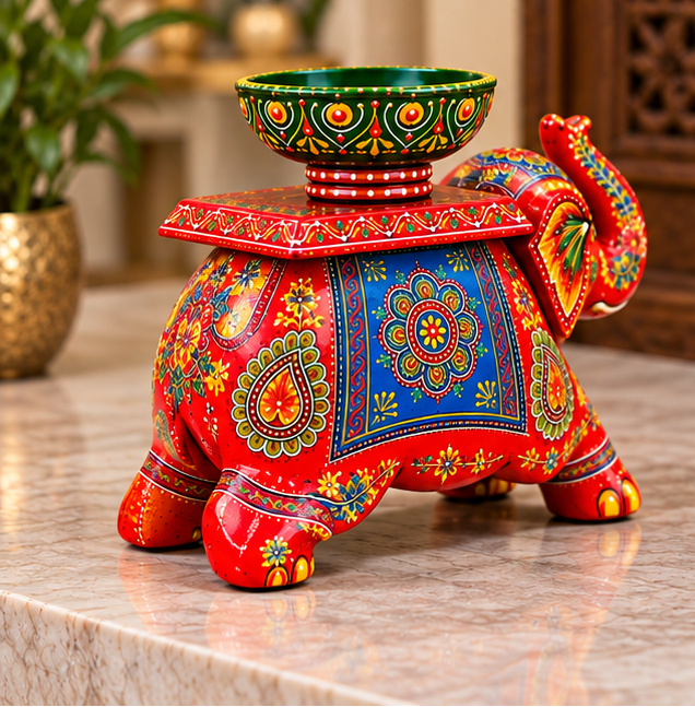 Handcrafted Hand-Painted Elephant Chowki with Decorative Bowl – Red Full Set