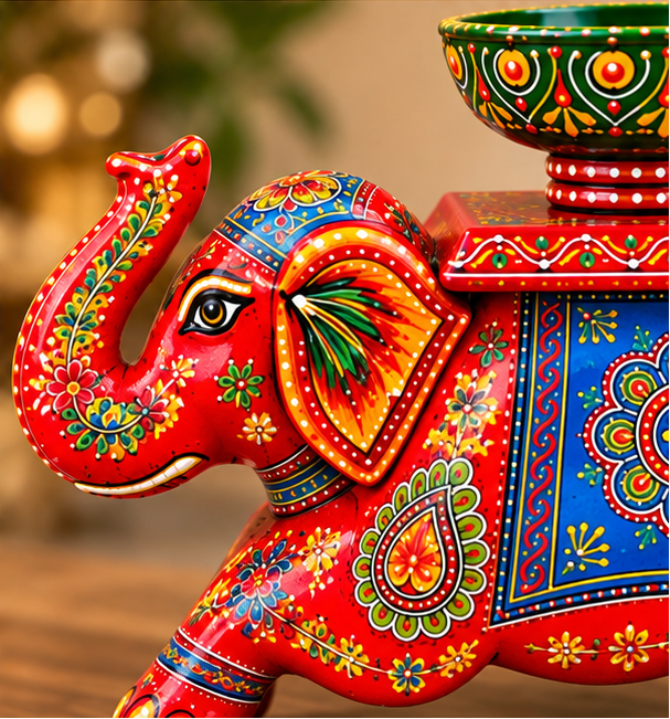 Handcrafted Hand-Painted Elephant Chowki with Decorative Bowl – Red Full Set