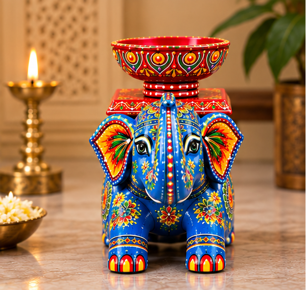 Handcrafted Hand-Painted Elephant Chowki with Decorative Bowl – Blue Full Set