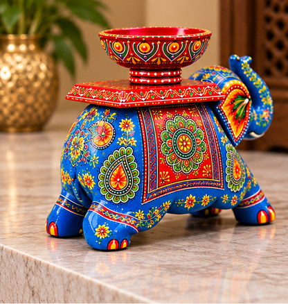 Handcrafted Hand-Painted Elephant Chowki with Decorative Bowl – Blue Full Set