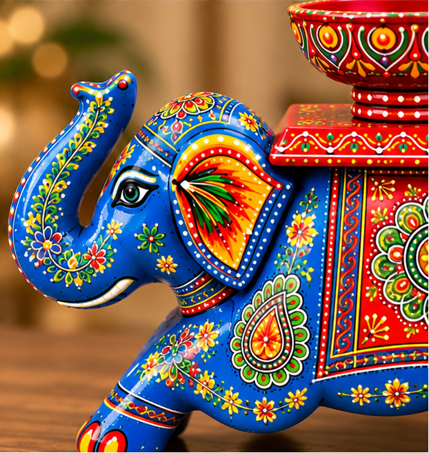 Handcrafted Hand-Painted Elephant Chowki with Decorative Bowl – Blue Full Set