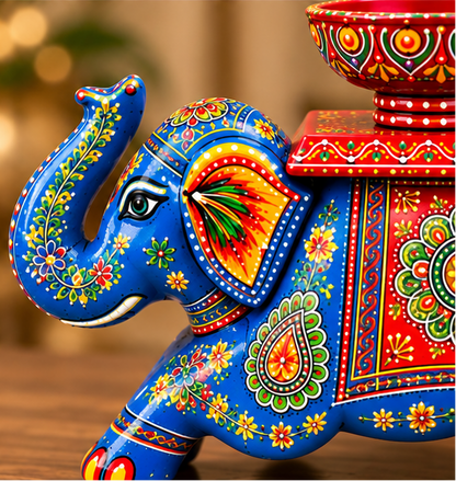 Handcrafted Hand-Painted Elephant Chowki with Decorative Bowl – Blue Full Set