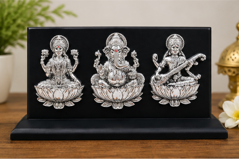 999 Silver Plated Laxmiji, Saraswatiji , Ganeshaji Idol