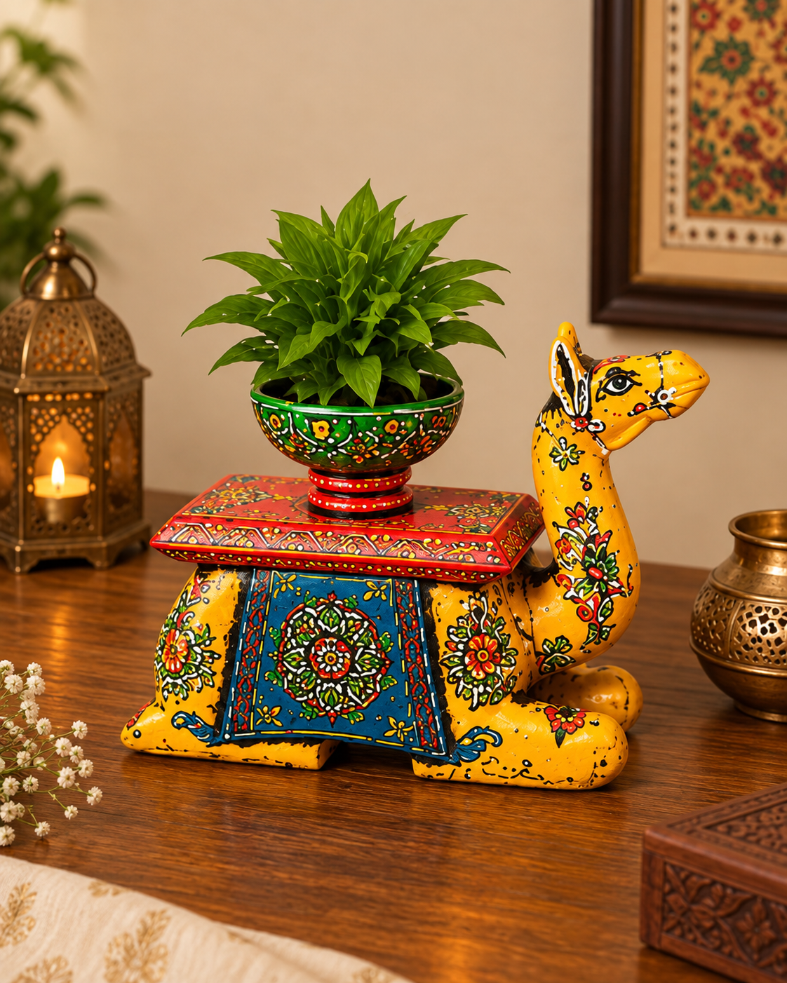 Trendytix Handcrafted Wooden Camel Bowl Stand – Yellow Folk Art Decorative Table