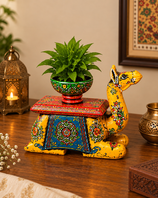 Trendytix Handcrafted Wooden Camel Bowl Stand – Yellow Folk Art Decorative Table