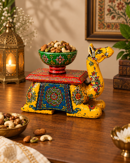 Trendytix Handcrafted Wooden Camel Bowl Stand – Yellow Folk Art Decorative Table