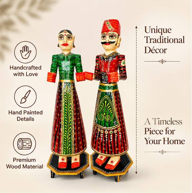 Handcrafted Rajasthani Wooden Couple Doll Set – Traditional Home Décor
