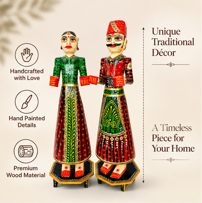 Handcrafted Rajasthani Wooden Couple Doll Set – Traditional Home Décor