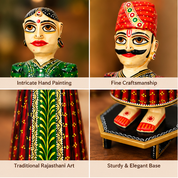 Handcrafted Rajasthani Wooden Couple Doll Set – Traditional Home Décor