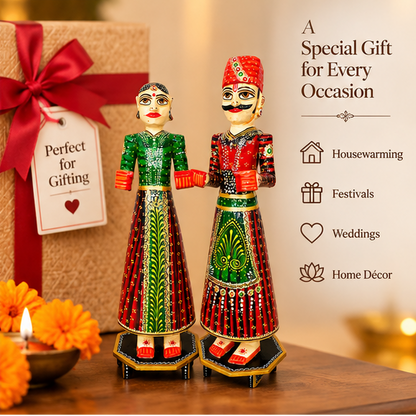 Handcrafted Rajasthani Wooden Couple Doll Set – Traditional Home Décor