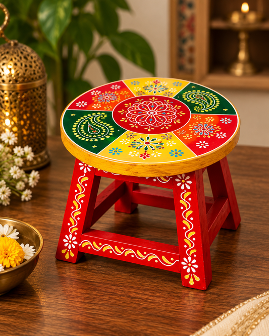 Handcrafted Hand-Painted Wooden Stool – Traditional Rajasthani Decor (Multicolour)