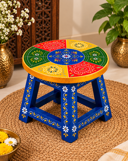 Handcrafted Hand-Painted Wooden Stool – Traditional Rajasthani Decor