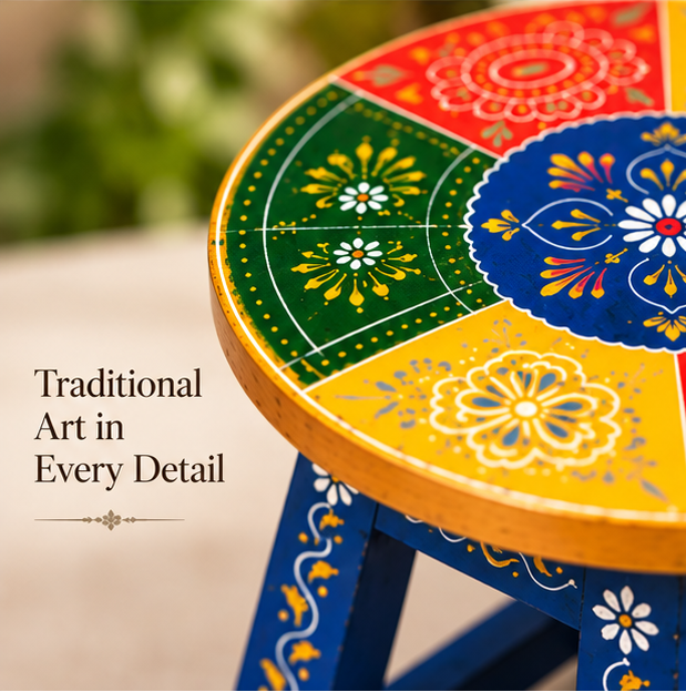 Handcrafted Hand-Painted Wooden Stool – Traditional Rajasthani Decor