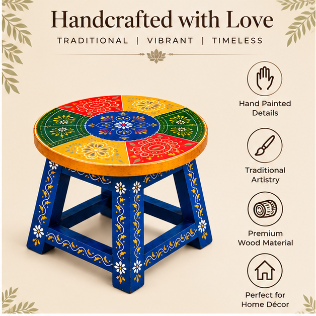 Handcrafted Hand-Painted Wooden Stool – Traditional Rajasthani Decor