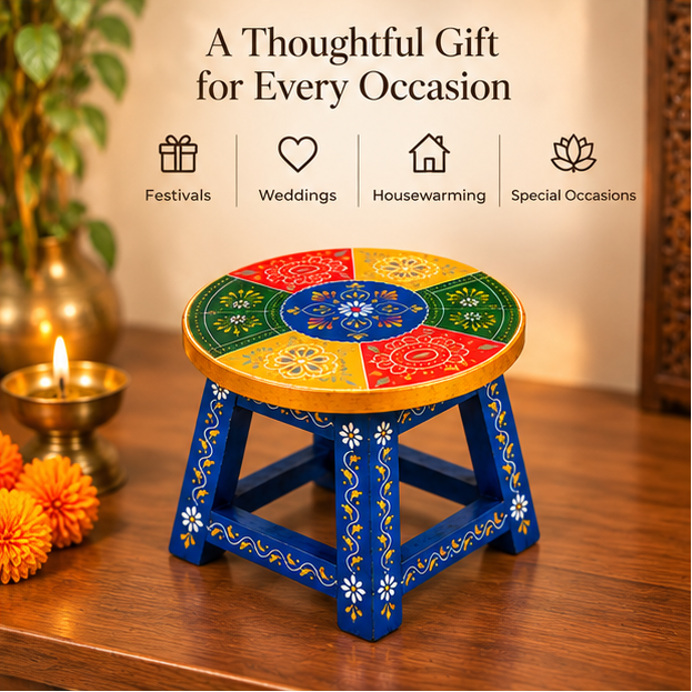 Handcrafted Hand-Painted Wooden Stool – Traditional Rajasthani Decor