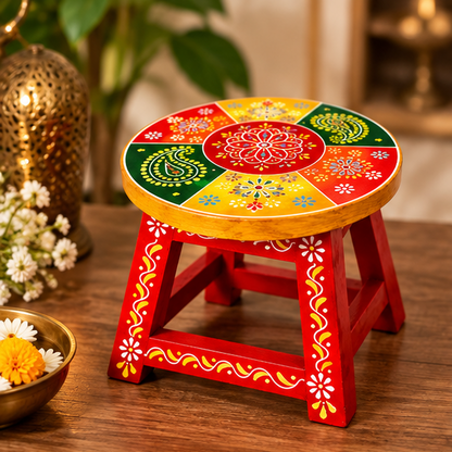Handcrafted Hand-Painted Wooden Stool – Traditional Rajasthani Decor (Multicolour)