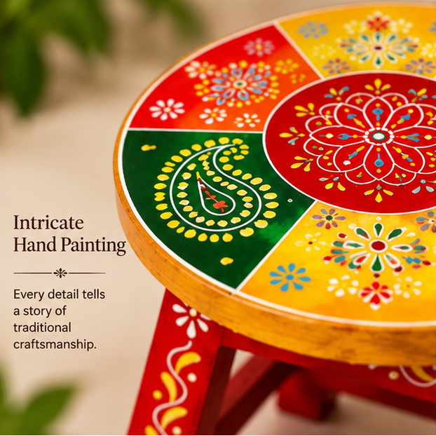 Handcrafted Hand-Painted Wooden Stool – Traditional Rajasthani Decor (Multicolour)