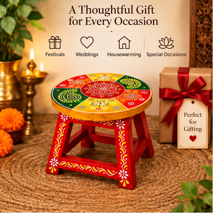 Handcrafted Hand-Painted Wooden Stool – Traditional Rajasthani Decor (Multicolour)