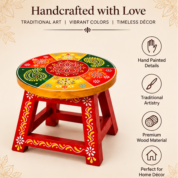 Handcrafted Hand-Painted Wooden Stool – Traditional Rajasthani Decor (Multicolour)