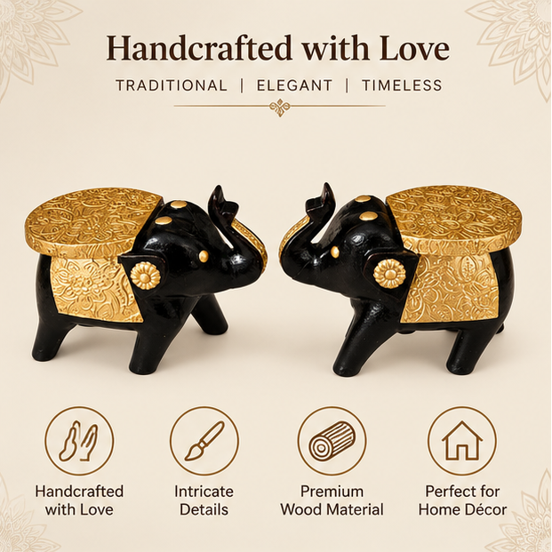 Handcrafted Black & Gold Elephant Wooden Stool Pair – Traditional Home Décor