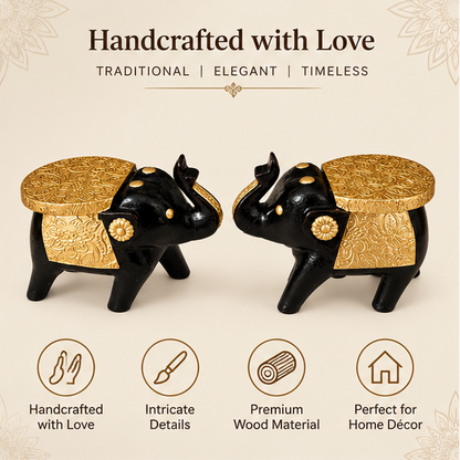 Handcrafted Black & Gold Elephant Wooden Stool Pair – Traditional Home Décor