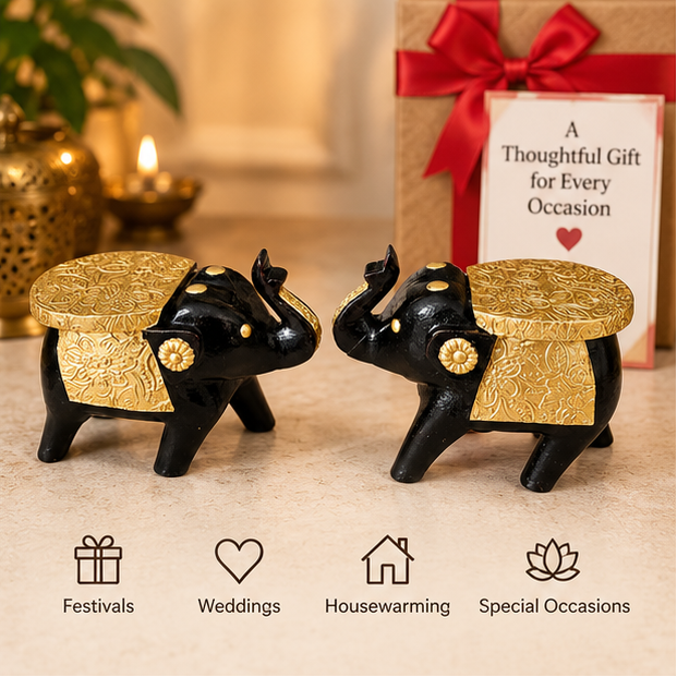 Handcrafted Black & Gold Elephant Wooden Stool Pair – Traditional Home Décor