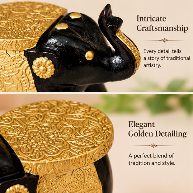 Handcrafted Black & Gold Elephant Wooden Stool Pair – Traditional Home Décor