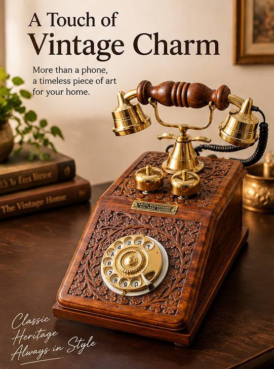 Real Functional Handcrafted Sheesham Wooden Vintage Rotary Telephone with Brass Work